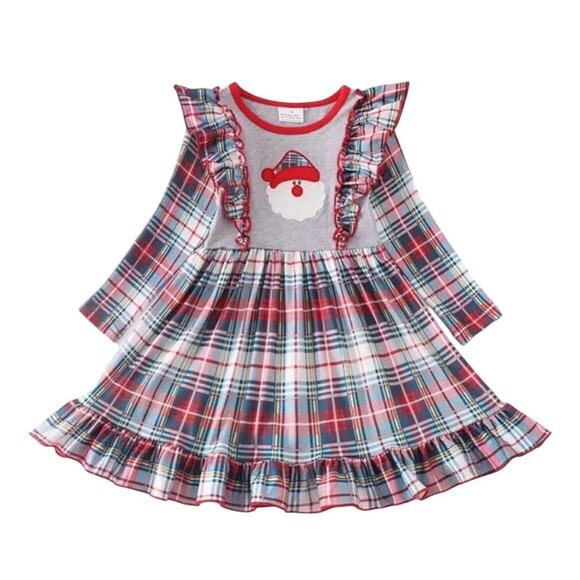 Girls Christmas Santa Clause Applique Grey Plaid Ruffled Dress Medium 3T - Picture 1 of 9